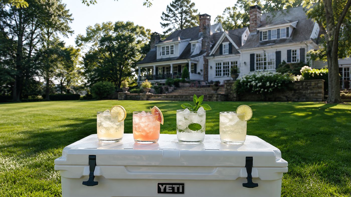 Cocktails lined on a cooler for a Greenwich estate lawn party.